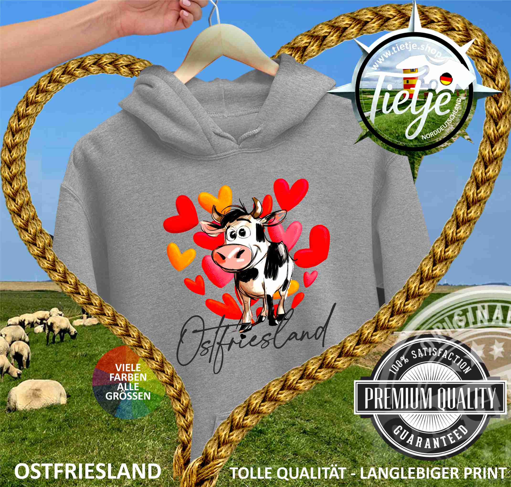 OSTFRIESLAND - Ostfriesland Herz & Kuh  - Unisex Kapuzenpullover Hoodie